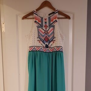 Aztec print and teal dress
